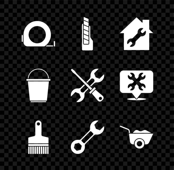 Set Roulette construction, Stationery knife, House repair, Paint brush, Wrench spanner, Wheelbarrow, Bucket and Screwdriver and wrench icon. Vector — Stock Vector