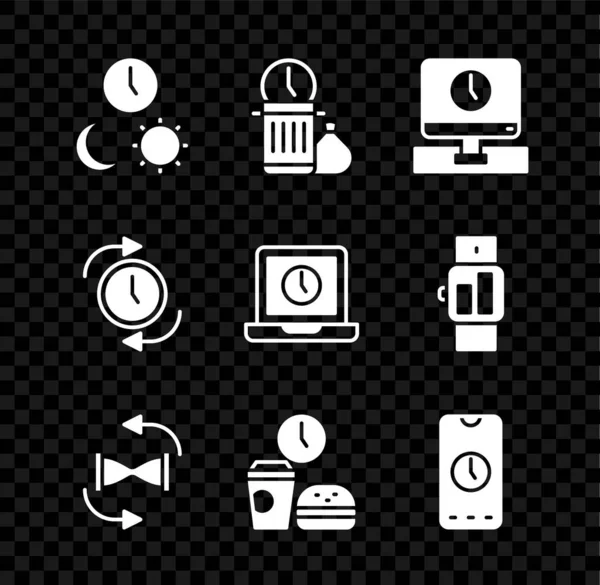 Set Day and night with time, Waste of, Monitor, Old hourglass sand, Fast food, Alarm clock app mobile, Clock arrow and Laptop icon. Vector — Vettoriale Stock