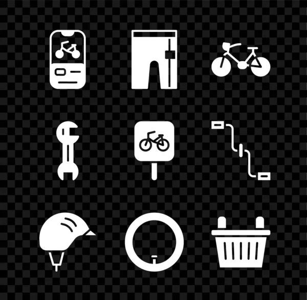 Set Aplicación móvil de alquiler de bicicletas, Pantalones cortos de ciclismo, casco, rueda, cesta, llave inglesa e icono de estacionamiento. Vector — Vector de stock