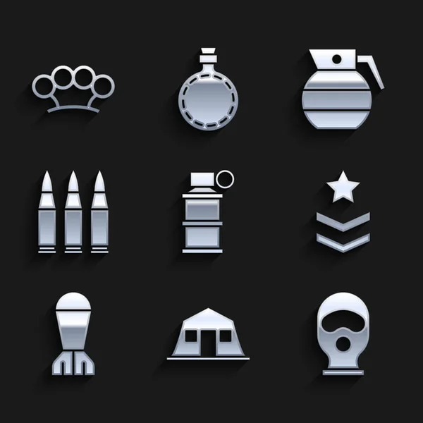 Set Hand smoke grenade, Military barracks, Balaclava, rank, Aviation bomb, Bullet, and Brass knuckles icon. Vector — Vettoriale Stock