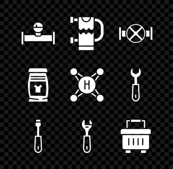 Set Industry pipe and manometer, Heated towel rail, valve, Screwdriver, Wrench spanner, Toolbox, Laundry detergent and Water tap icon. Vector — Vettoriale Stock