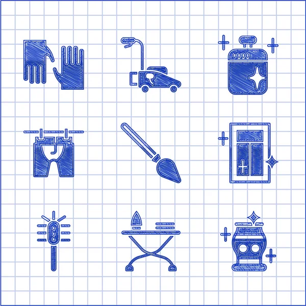 Set Handle broom, Iron ironing board, Clean vase, Cleaning service for window, Toilet brush, Drying clothes, cooking pot and Rubber gloves icon. Vector — ストックベクタ