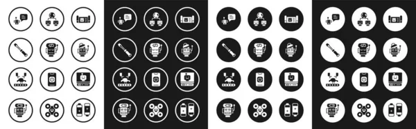 Set Robot blueprint, low battery charge, Screwdriver, Bot, Artificial intelligence, and Robotic robot arm on factory icon. Vector — Stockvector