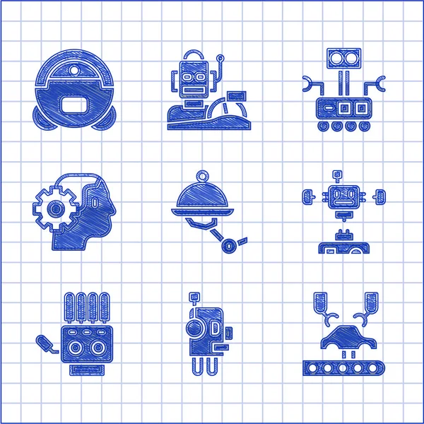 工場でウエイターロボット、ロボット、ロボットアーム、分解、機械式手、ヒューマノイド、掃除機のアイコンを設定します。ベクトル — ストックベクタ