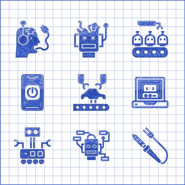 Set Robotic robot arm on factory, Soldering iron, Creating, Turn off from phone, Industrial production robots and charging battery icon. Vector — ストックベクタ