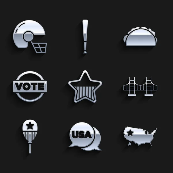 Set USA Independence day, map, Golden gate bridge, Balloons, Vote, Taco with tortilla and American football helmet icon. Vector — стоковый вектор
