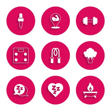 Set Jump rope, Sleepy, Aroma candle, Broccoli, Bathroom scales, Dumbbell and Pipette with oil icon. Vector