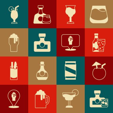 Set Whiskey bottle and glass, Coconut cocktail, Beer, Wine, Alcohol drink Rum, Glass of beer, Cocktail and or bar location icon. Vector