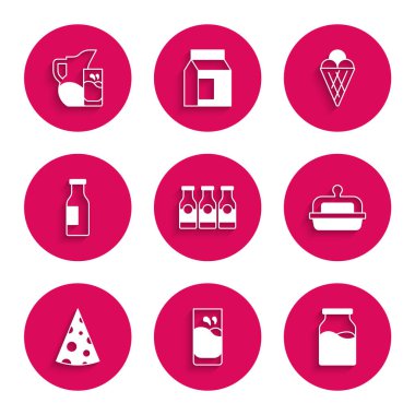 Set Bottle with milk, Glass, Butter in butter dish, Cheese, Ice cream waffle cone and Milk jug or pitcher and glass icon. Vector
