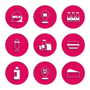 Set Milk product, Cheese, Butter in a butter dish, Whipped cream bottle, Milkshake, Bottle with milk and Lettering icon. Vector