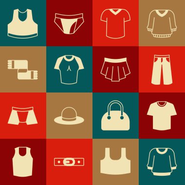 Set Sweater, T-shirt, Pants, Winter scarf, Undershirt and Skirt icon. Vector
