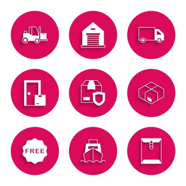 Set Delivery security with shield, Cargo ship boxes delivery, Envelope, Carton cardboard, rice tag Free, Home services, cargo truck and Forklift icon. Vector