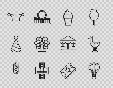 Set line Corn dog, Hot air balloon, Ice cream in waffle cone, Attraction carousel, Jester hat with bells, Ferris wheel, Ticket and Riding kid duck icon. Vector
