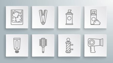 Set line Cream or lotion cosmetic tube, Curling iron for hair, Hairbrush, Classic Barber shop pole, dryer, Shaving gel foam, and Glass of whiskey and ice cubes icon. Vector