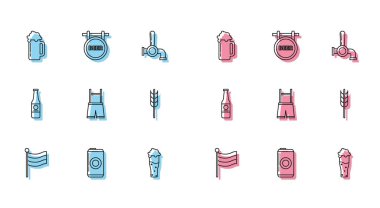 Set line National Germany flag, Beer can, Glass of beer, Lederhosen, Cereals set with rice, wheat, corn, oats, rye, barley, bottle and Street signboard inscription icon. Vector