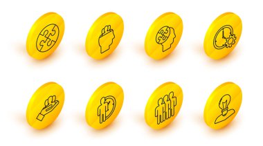 Set line Human head with lamp bulb, Users group, Time Management, Project team base, puzzles strategy, and Piece of icon. Vector