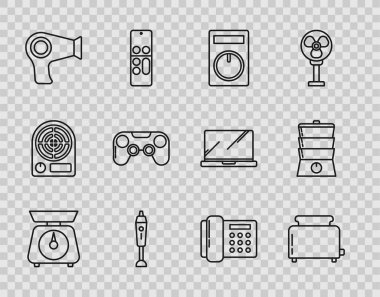 Set line Scales, Toaster with toasts, Remote control, Blender, Hair dryer, Gamepad, Telephone and Double boiler icon. Vector