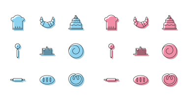 Set line Rolling pin, Bread loaf, Chef hat, Pretzel, Stack of pancakes, bun with cinnamon, Pizza knife and Croissant icon. Vector