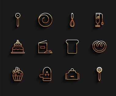 Set line Cupcake, Oven glove, Pizza knife, Kitchen apron, Strainer spoon, Flour pack, Pretzel and Bread toast icon. Vector