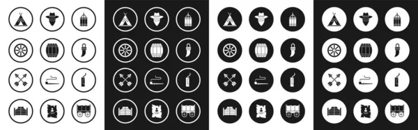 Set Dynamite bomb, Gun powder barrel, Old wooden wheel, Indian teepee or wigwam, Tooth, Cowboy, and Crossed arrows icon. Vector — Image vectorielle