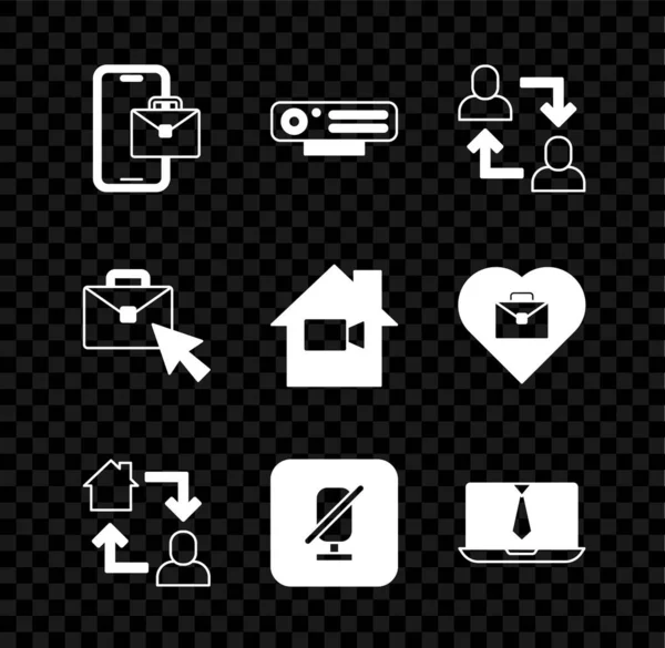 Set Freelancer, Web camera, Project team base, Online working, Mute microphone, Video chat conference, and Off home icon. Vector — ストックベクタ