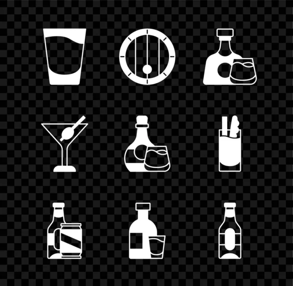 Set Shot glass, Wooden barrel, Whiskey bottle and, Beer beer can, Bottle of vodka with, Martini and icon. Vector — Wektor stockowy