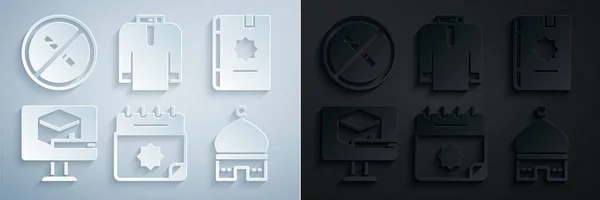Set Ramadan calendar, Holy book of Koran, Kaaba mosque, Muslim Mosque, Shirt kurta and No Smoking icon. Vector — стоковый вектор