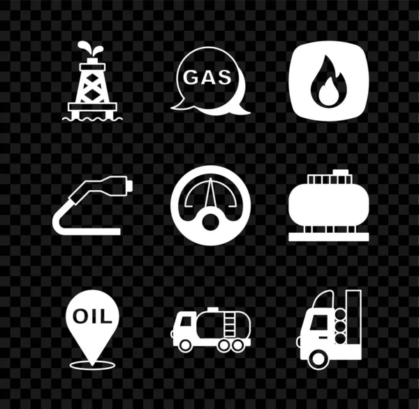 Set Oil rig, Location and gas station, Fire flame, Refill petrol fuel location, Tanker truck, Gas tank for vehicle, Electrical cable plug charging and Motor gauge icon. Vector — Stok Vektör
