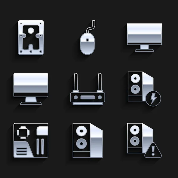 Set Router and wi-fi signal, Case of computer, Motherboard digital chip, Computer monitor screen, and Hard disk drive HDD icon. Vector — Stockvector