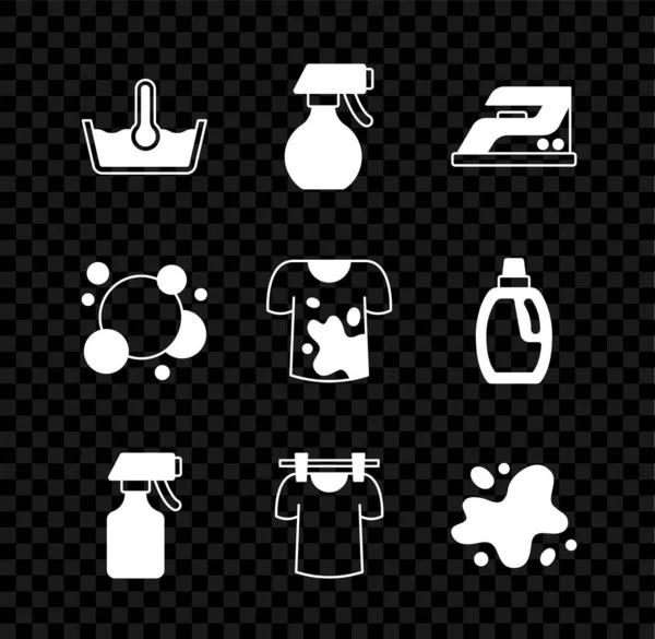 Set Temperature wash, Water spray bottle, Electric iron, Drying clothes, spill, Soap water bubbles and Dirty t-shirt icon. Vector — 스톡 벡터