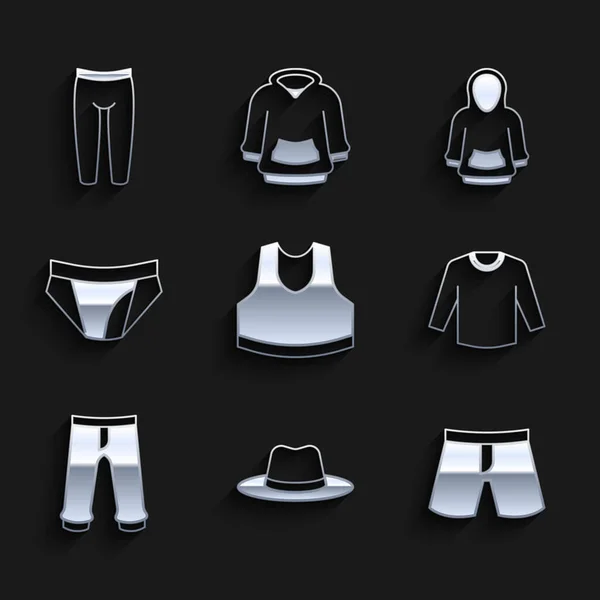 Set Undershirt, Man hat, Short or pants, Sweater, Pants, Men underpants, Hoodie and Leggings icon. Vector — Stock Vector