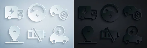 Set Low battery, Electric car price, Charging parking electric, Voltmeter and truck icon. Vector — 图库矢量图片