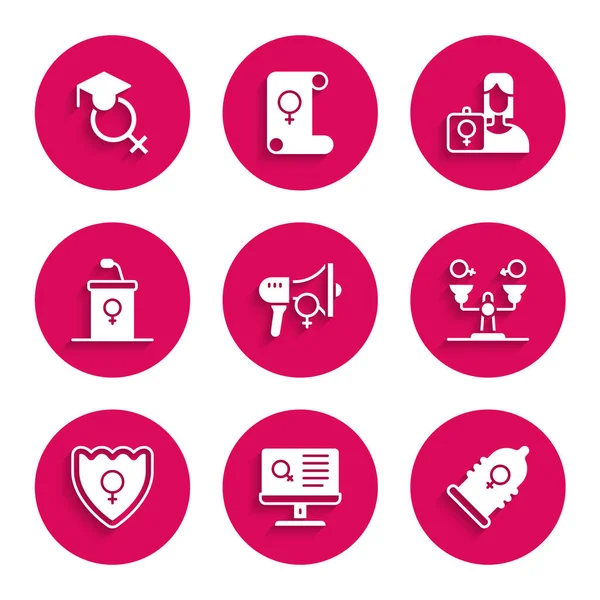Set Feminist activist, Dating app, Condom, Gender equality, shield, Female, Debate podium rostrum, and Teacher icon. Vector