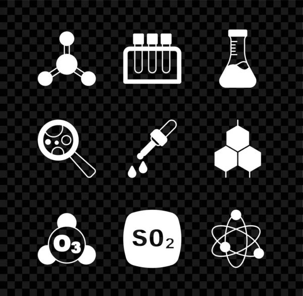 Set Molecule, Test tube, Ozone, Sulfur dioxide SO2, Atom, Microorganisms under magnifier and Pipette icon. Vector — Stock Vector