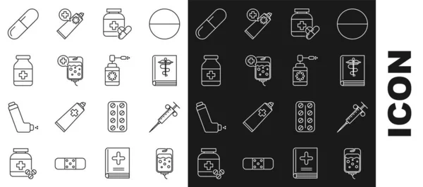 Set line IV bag, Syringe, Medical book, Medicine bottle and pills, or tablet and with nozzle spray icon. Vector — стоковый вектор