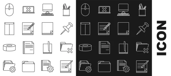 Set line Blank notebook and pen, Delete folder, Push pin, Computer monitor with keyboard, pencil eraser, Envelope, mouse and File document icon. Vector — Image vectorielle