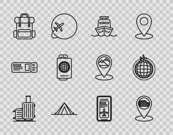 Set line Suitcase for travel, Italy, Ship, Tourist tent, Hiking backpack, Passport ticket, Smartphone electronic boarding pass airline and Globe flying plane icon. Vector — Stockvektor