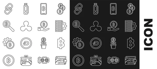 Set line Cryptocurrency wallet, coin Bitcoin, Server and gear, Phone mobile cryptocurrency, Ripple XRP, Magnifying glass with, Chain link and Hand holding icon. Vector —  Vetores de Stock