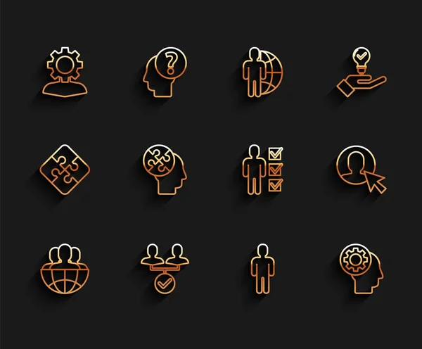 Set line Globe and people, Project team base, Human with gear inside, User of business suit, head, puzzles strategy, and icon. Vector — Archivo Imágenes Vectoriales