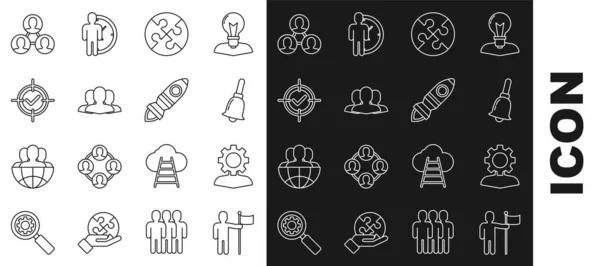 Set line Man holding flag, Human with gear inside, Ringing bell, Piece of puzzle, Users group, Target and check mark, Project team base and Rocket ship fire icon. Vector — Stockvektor
