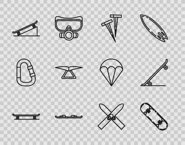 Set line Skateboard, trick, Pegs for tents, Snowboard, on street ramp, Hang glider, Ski and sticks and icon. Vector