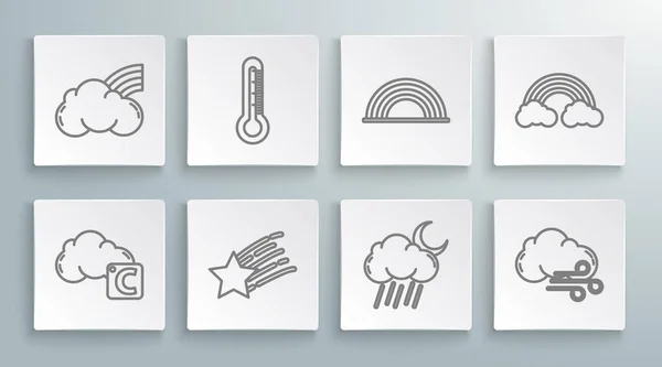 Set line Celsius and cloud, Thermometer, Falling star, Cloud with rain moon, Windy weather, Rainbow clouds, and icon. Vector — Vettoriale Stock