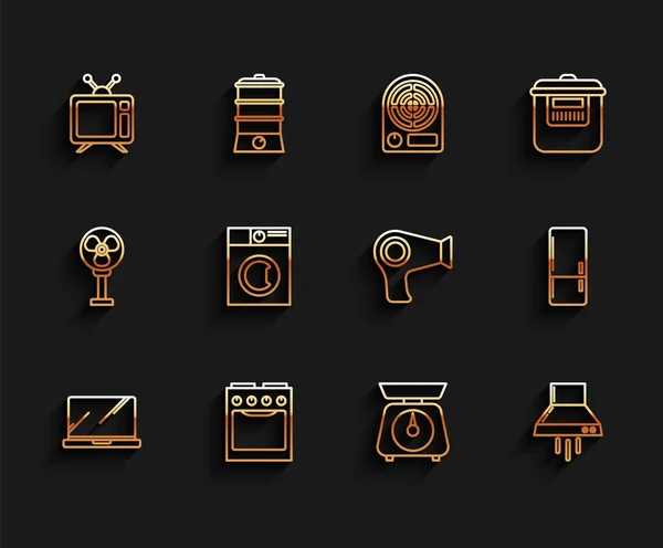 Set line Laptop, Oven, Television, Scales, Kitchen extractor fan, Washer, Refrigerator and Hair dryer icon. Vector —  Vetores de Stock
