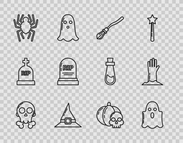 Set line Skull on crossbones, Ghost, Witches broom, hat, Spider, Tombstone with RIP, Pumpkin and skull and Zombie hand icon. Vector — Vector de stock