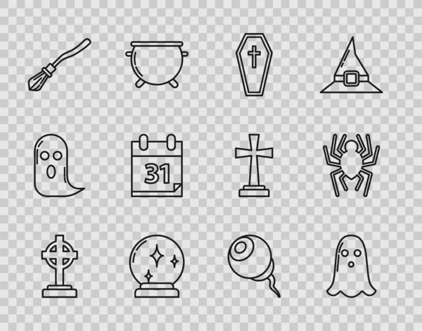 Set line Tombstone with cross, Ghost, Coffin christian, Magic ball, Witches broom, Calendar Halloween date 31 october, Eye and Spider icon. Vector — Vetor de Stock