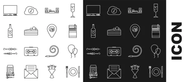 Set line Plate, fork and knife, Balloons with ribbon, Open cigarettes pack box, Home stereo two speakers, Cake, Beer bottle, Video game console and Alcohol beer bar location icon. Vector — Stock Vector