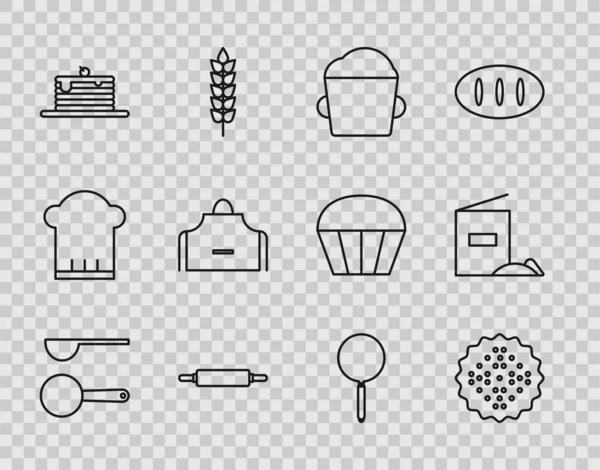 Set line Measuring spoon, Cracker biscuit, Bakery bowl dough, Rolling pin, Stack of pancakes, Kitchen apron, Frying and Flour pack icon. Vector — ストックベクタ
