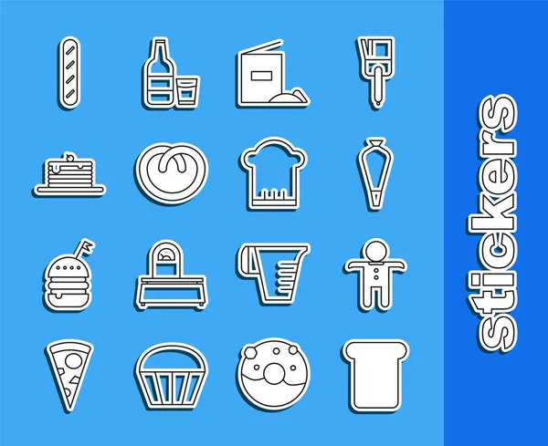Set line Bread toast, Holiday gingerbread man cookie, Pastry bag for decorate cakes, Flour pack, Pretzel, Stack of pancakes, French baguette and Chef hat icon. Vector — Stockvektor