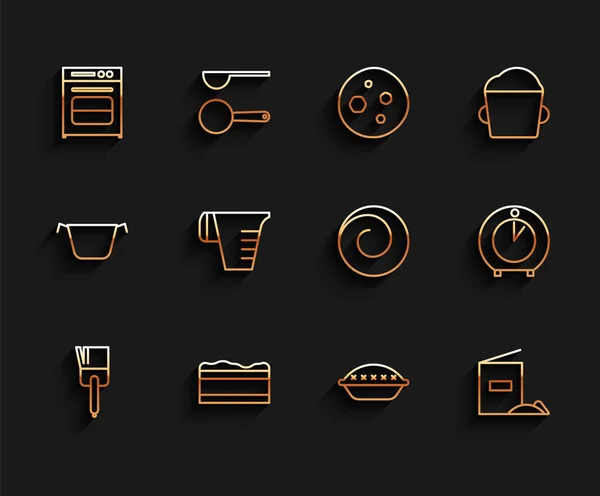 Set line Kitchen brush, Brownie chocolate cake, Oven, Homemade pie, Flour pack, Measuring cup, timer and Roll bun with cinnamon icon. Vector — Vetor de Stock