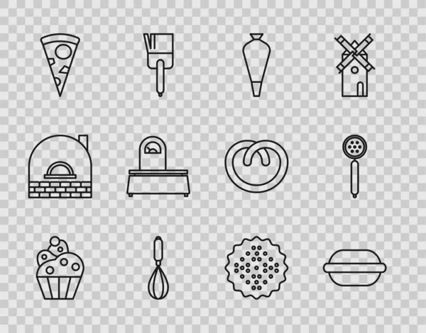 Set line Cupcake, Macaron cookie, Pastry bag for decorate cakes, Kitchen whisk, Slice of pizza, Scales, Cracker biscuit and Strainer spoon icon. Vector — Stock vektor